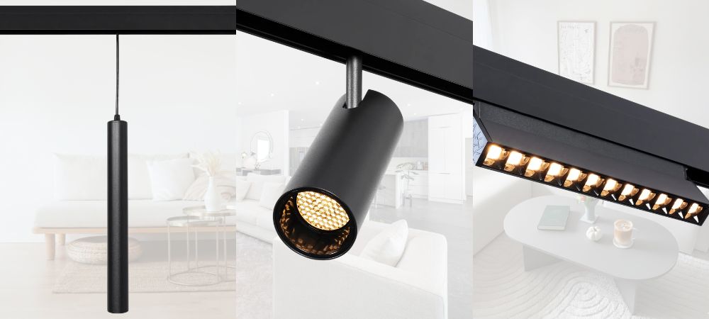 Drie magneet armaturen op een rij: Hanglamp, spot en een lichtbalk.