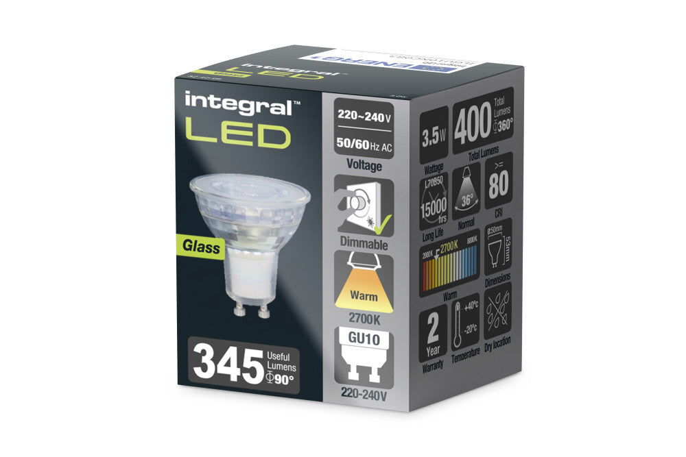 Verpakking van integral LED GU10-glaslamp, dimbaar, extra warm wit 2700K