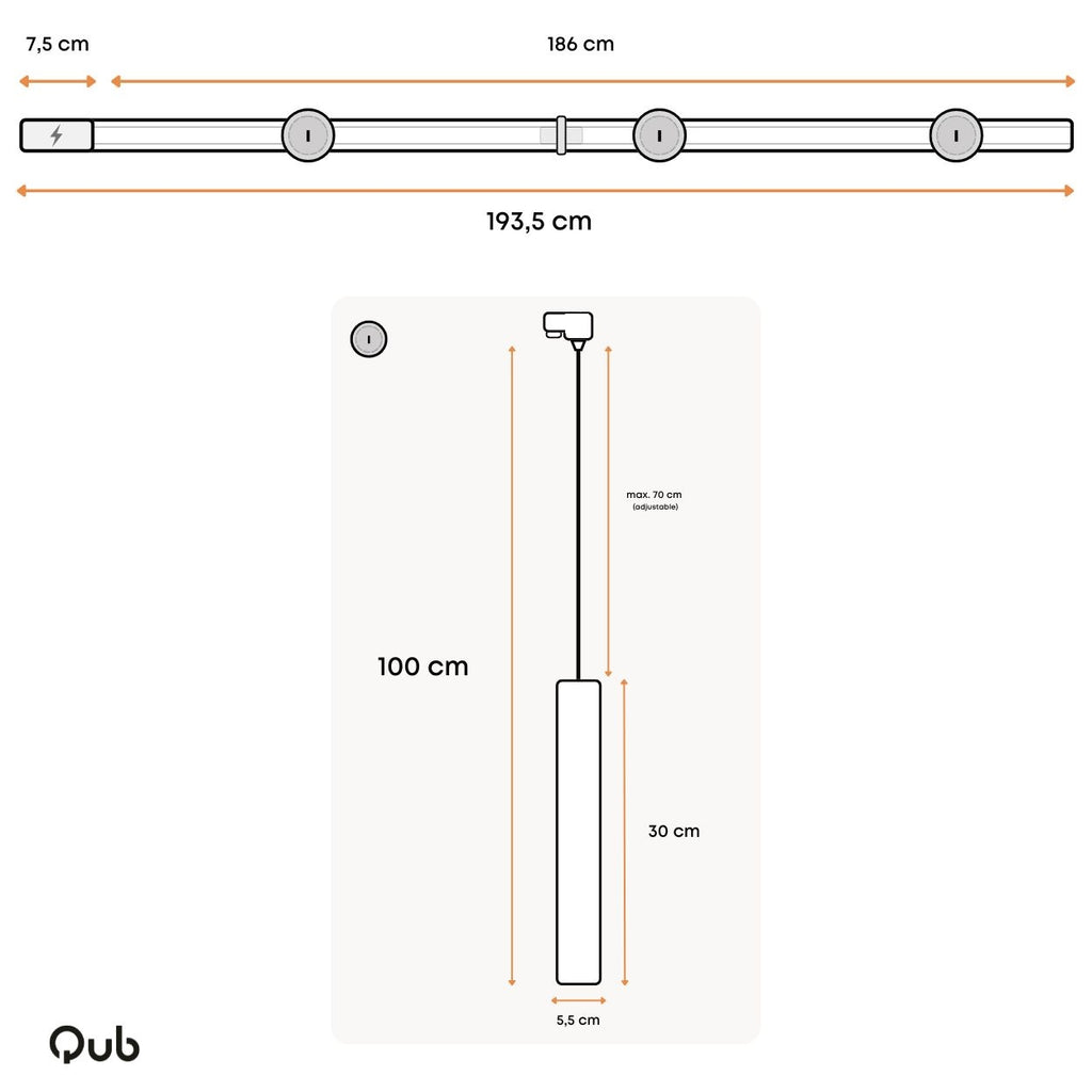 Technische tekening van zwarte 200 cm rail met drie GU10 hanglampen en afmetingen.
