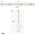 Technische tekening van zwarte 200 cm rail met drie GU10 hanglampen en afmetingen.