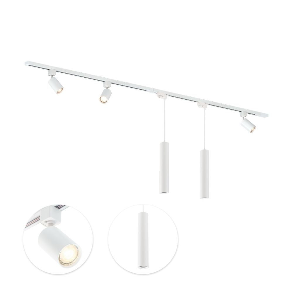 Witte plafondrail met drie spots; twee spots met lange cilindrische kappen