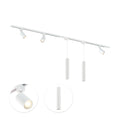 Witte railverlichting met 3 spots en 2 hanglampen, GU10 fittingen, langwerpige balk.