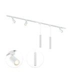 Witte railverlichting met 3 spots en 2 hanglampen, GU10 fittingen, langwerpige balk.