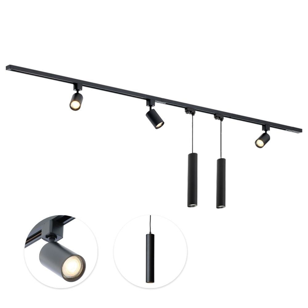 Zwarte railverlichting met 3 LED-spots en 2 hanglampcilinders aan plafondrail
