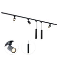 Zwarte railverlichting met 3 LED-spots en 2 hanglampcilinders aan plafondrail