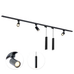 Zwarte 3-spot railverlichting met twee hangcilinders en GU10 spots, inklapbare kapjes.