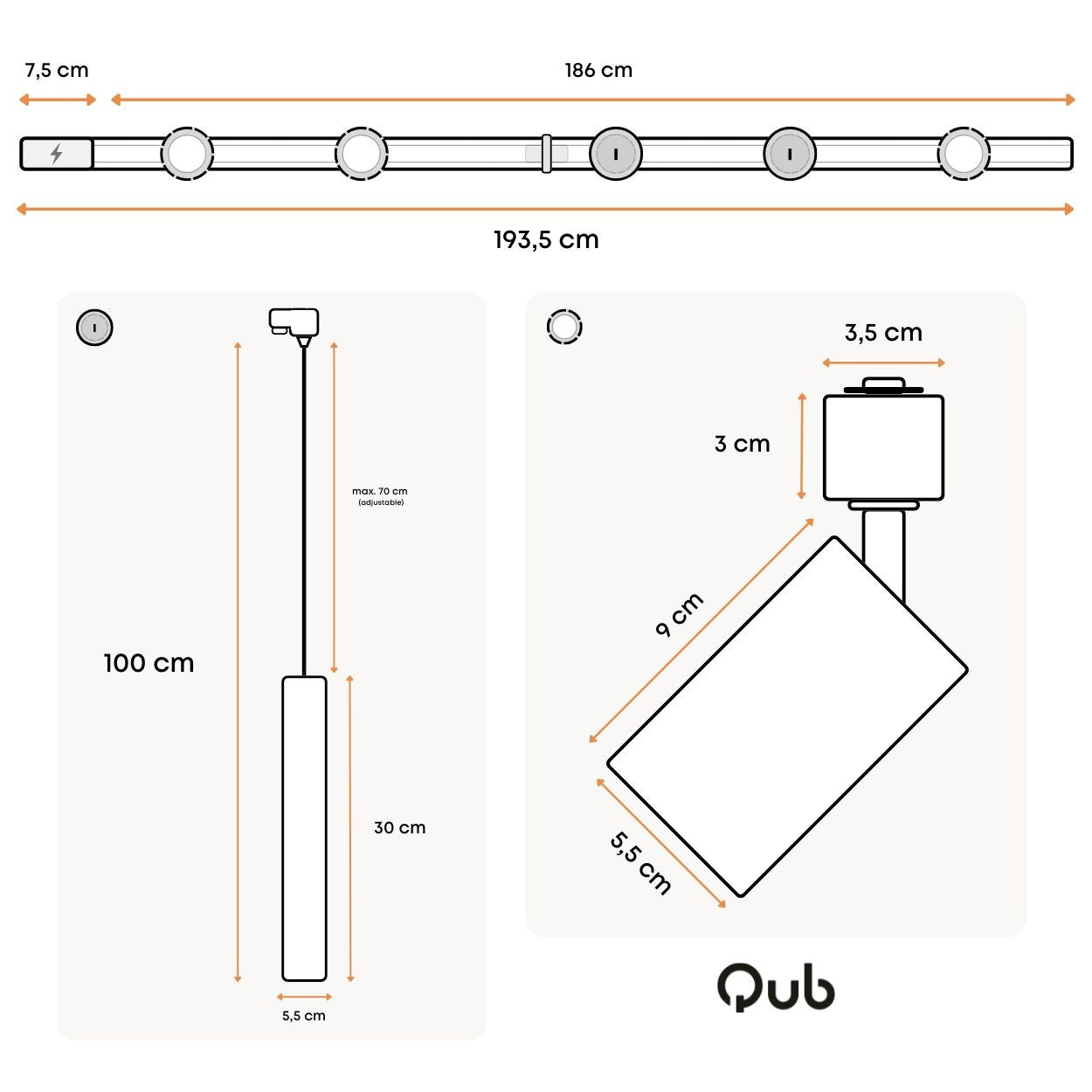 Afmetingen van witte railverlichting met 3 spots en 2 hangpendels, technische schets.