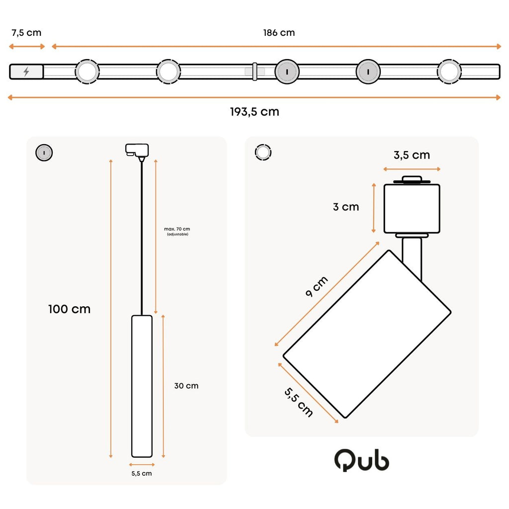 Maatdiagram van zwarte railverlichting met afmetingen voor spots en hanglampen