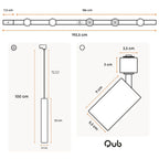 Maatdiagram van zwarte railverlichting met afmetingen voor spots en hanglampen
