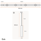 Matenoverzicht railverlichting: 193,5 cm lengte en kap 30 cm