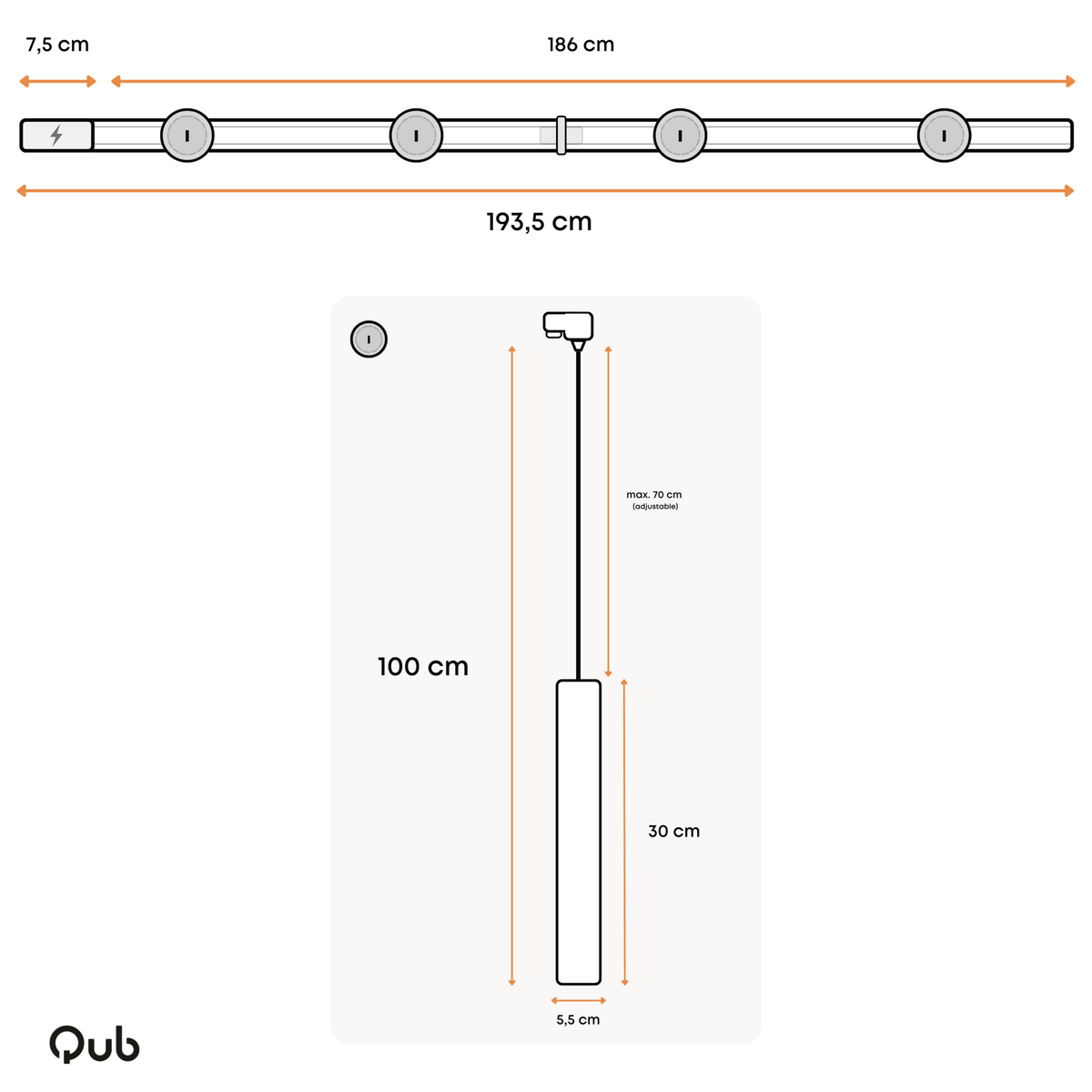 Matenoverzicht railverlichting: 193,5 cm lengte en kap 30 cm