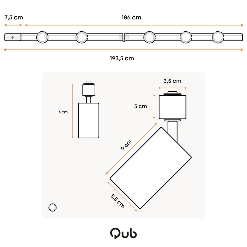 Afmetingen van witte railverlichting: 200 cm lengte en spotopstelling in tekening