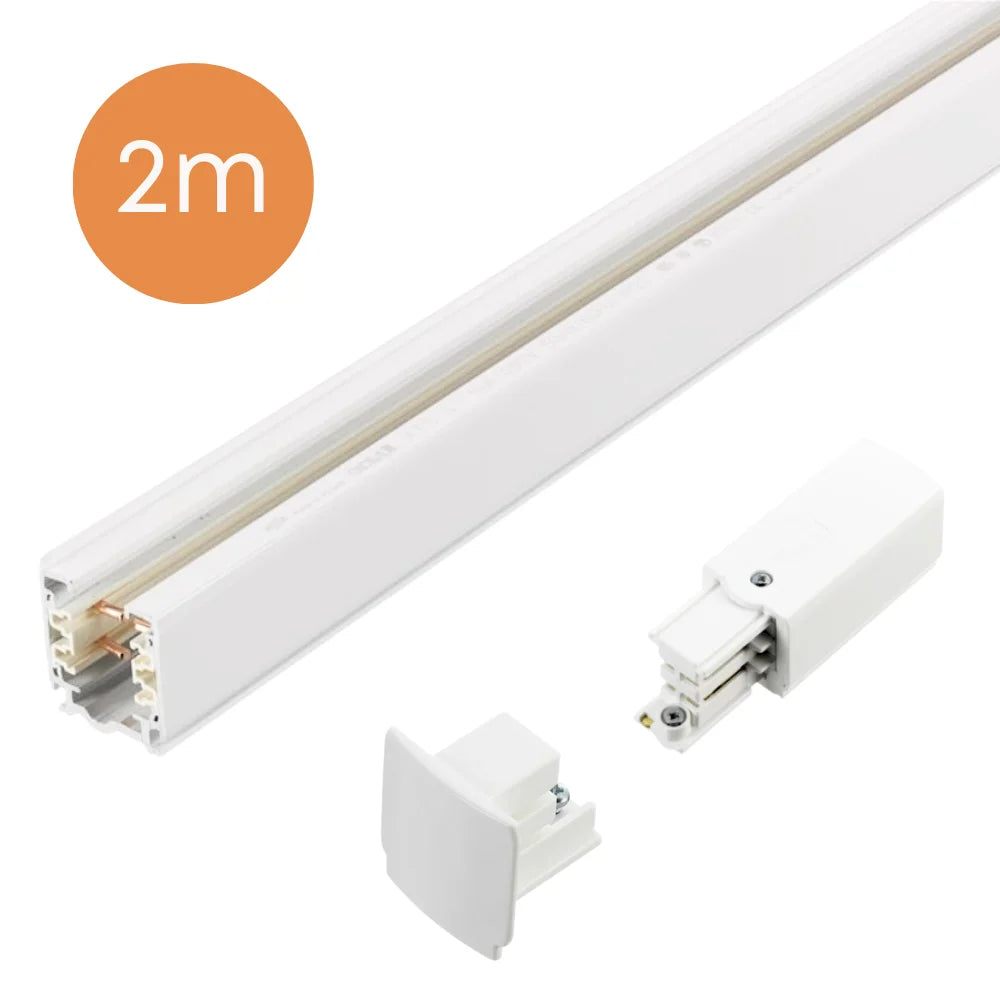 Witte 3-fase opbouwspanningsrail, 2 m, inclusief eindvoeding en eindkap