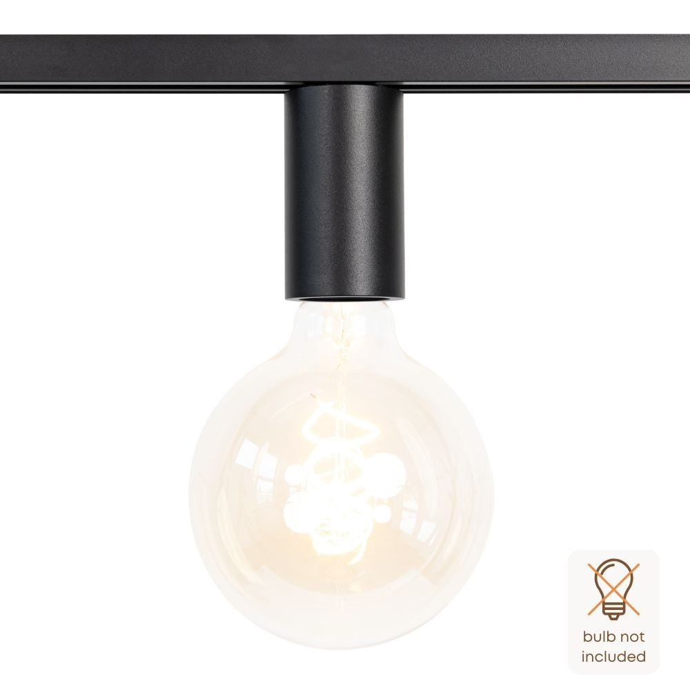 Zwarte E27 railspot met ronde glazen lampbol en warm brandend filament