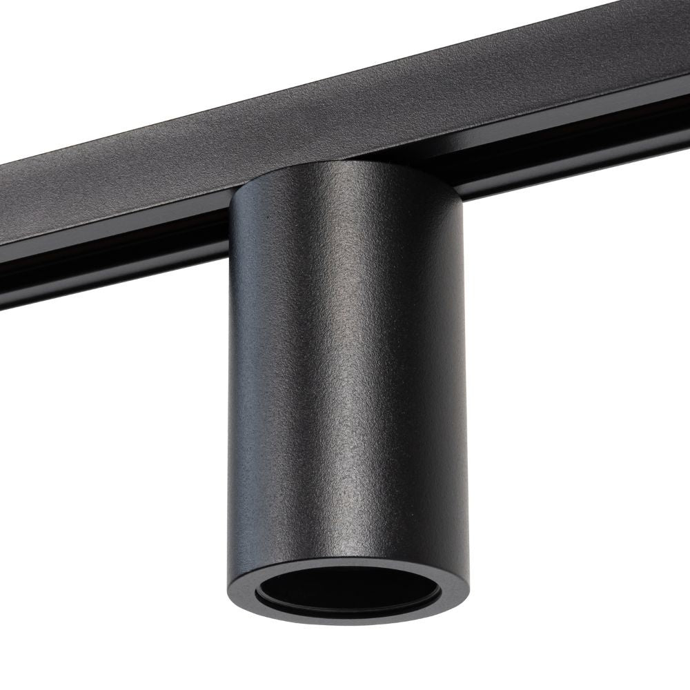 Zwarte E27 railspotvoet met cilindrische behuizing en open fitting