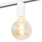 Witte E27 railsokkel met ronde glazen lamp en zichtbare gloeidraad
