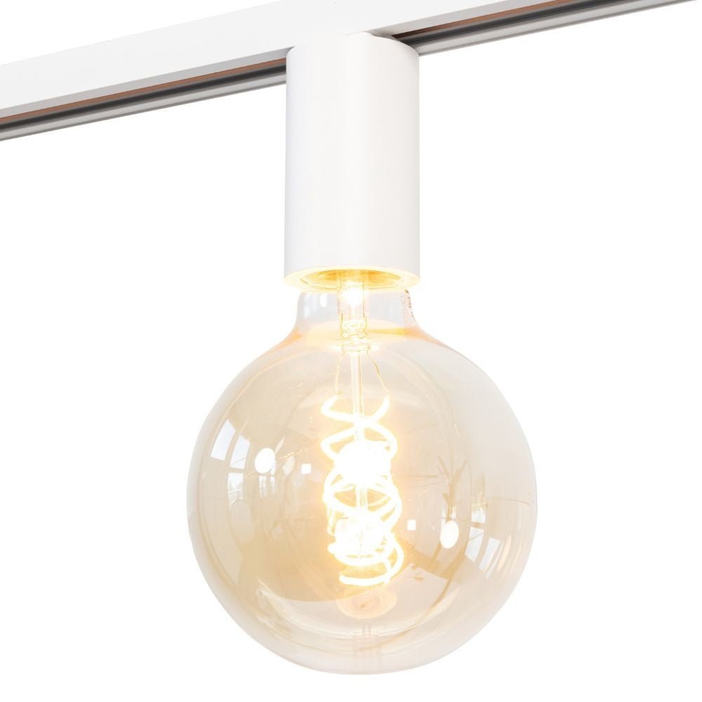 Witte E27 railsokkel met ronde glazen lamp en zichtbare gloeidraad