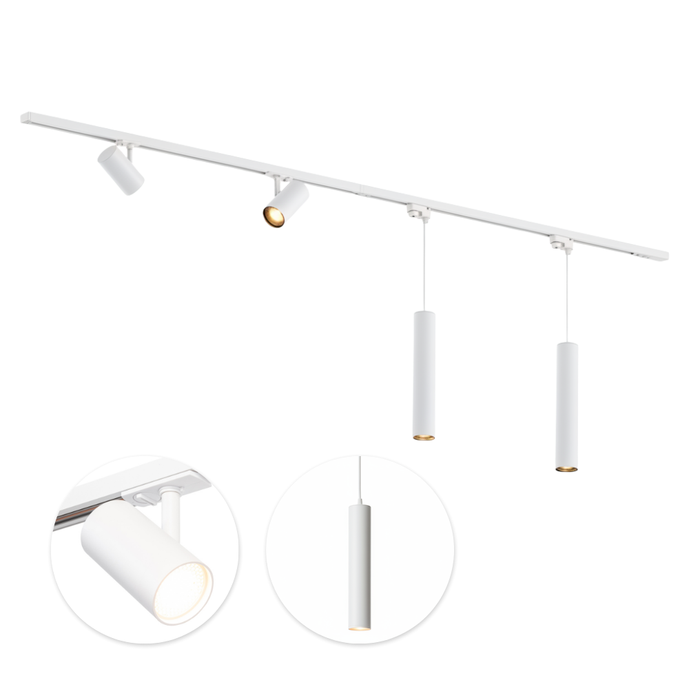 Witte railverlichting set met 2 spots en 2 hanglampen voor GU10
