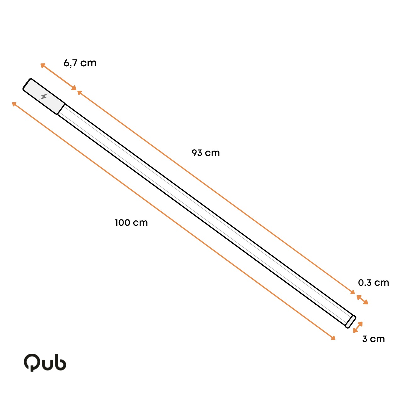 Zwarte opbouw spanningsrail met afmetingen: 100 cm lengte, 6,7 cm breedte