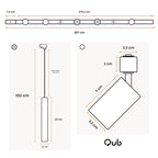 Technische tekening: afmetingen van zwarte rail en hangcilinders voor spotverlichting.