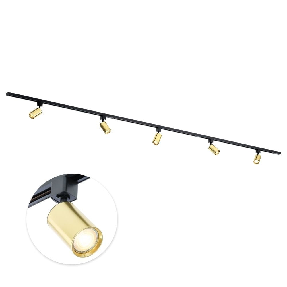 Zwarte railverlichting met vijf GU10 spots, gouden cilinders, 300 cm