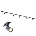 Zwarte 300 cm rail met 5 verstelbare GU10 spotkoppen.
