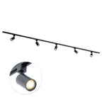 Zwarte 300 cm rail met 5 verstelbare GU10 spotkoppen.