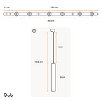 Technische afbeelding van zwarte railverlichting: afmetingen van rail en spot