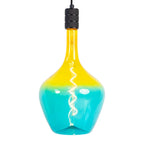Glazen hanglamp met druppelvormige E27 fitting, geel-blauw glas en zwarte ophanging.