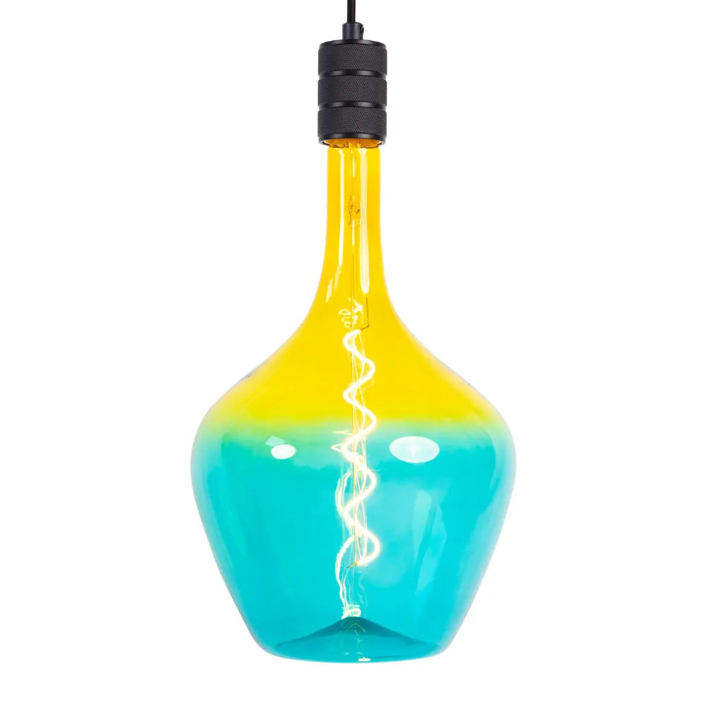 Glazen hanglamp met druppelvormige E27 fitting, geel-blauw glas en zwarte ophanging.