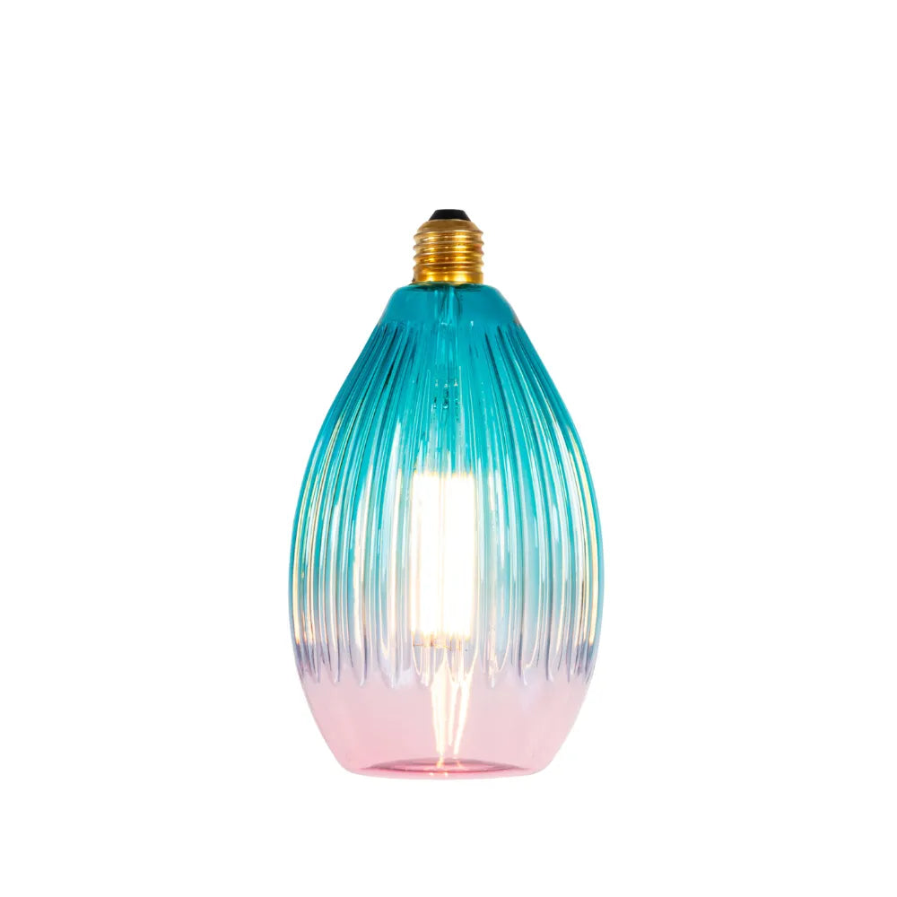 Glazen hanglamp met druppelvormig, geribbeld blauw-roze glas, E27-fitting