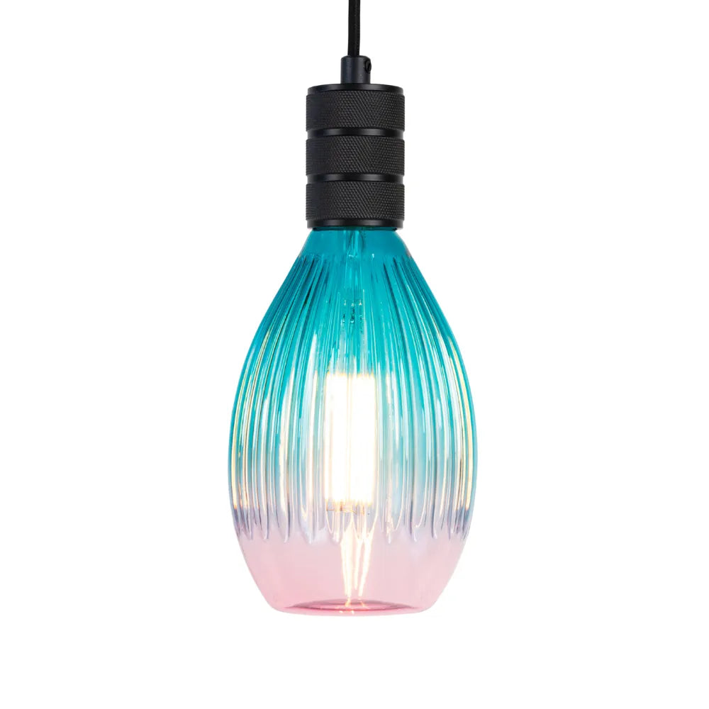 Turquoise glazen hanglamp met zwarte geribbelde fitting en goudkleurige schroefdraad