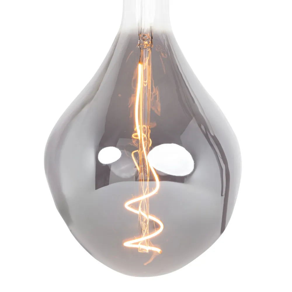 Rookglazen hanglamp met druppelvormige kap en brandende gloeidraad, zwart snoer