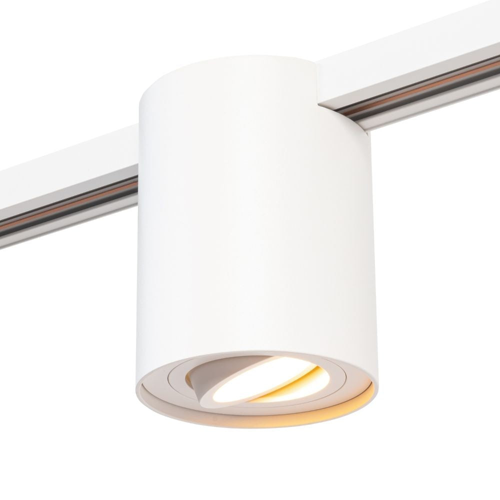 Witte GU10 railspot met cilindrische behuizing en neerwaartse spotlightkop