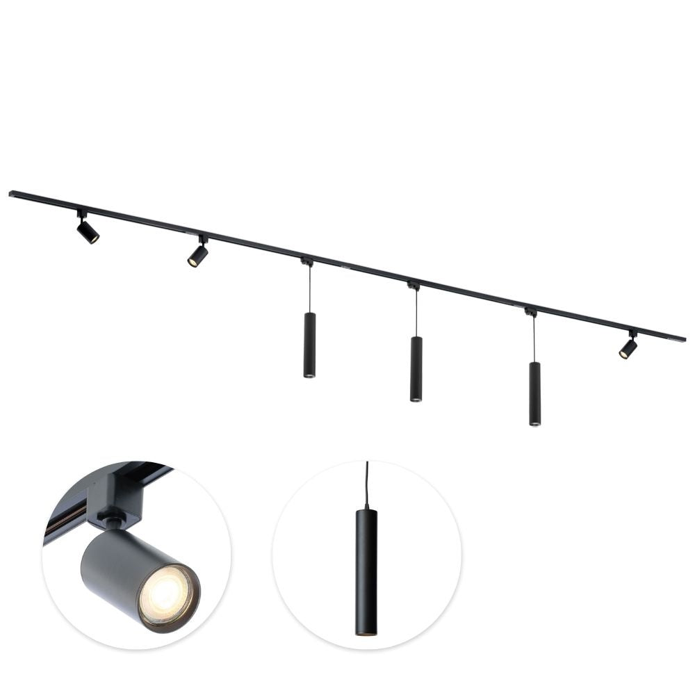 Zwarte railhanglamp met 4 verstelbare spots en GU10 fittingen