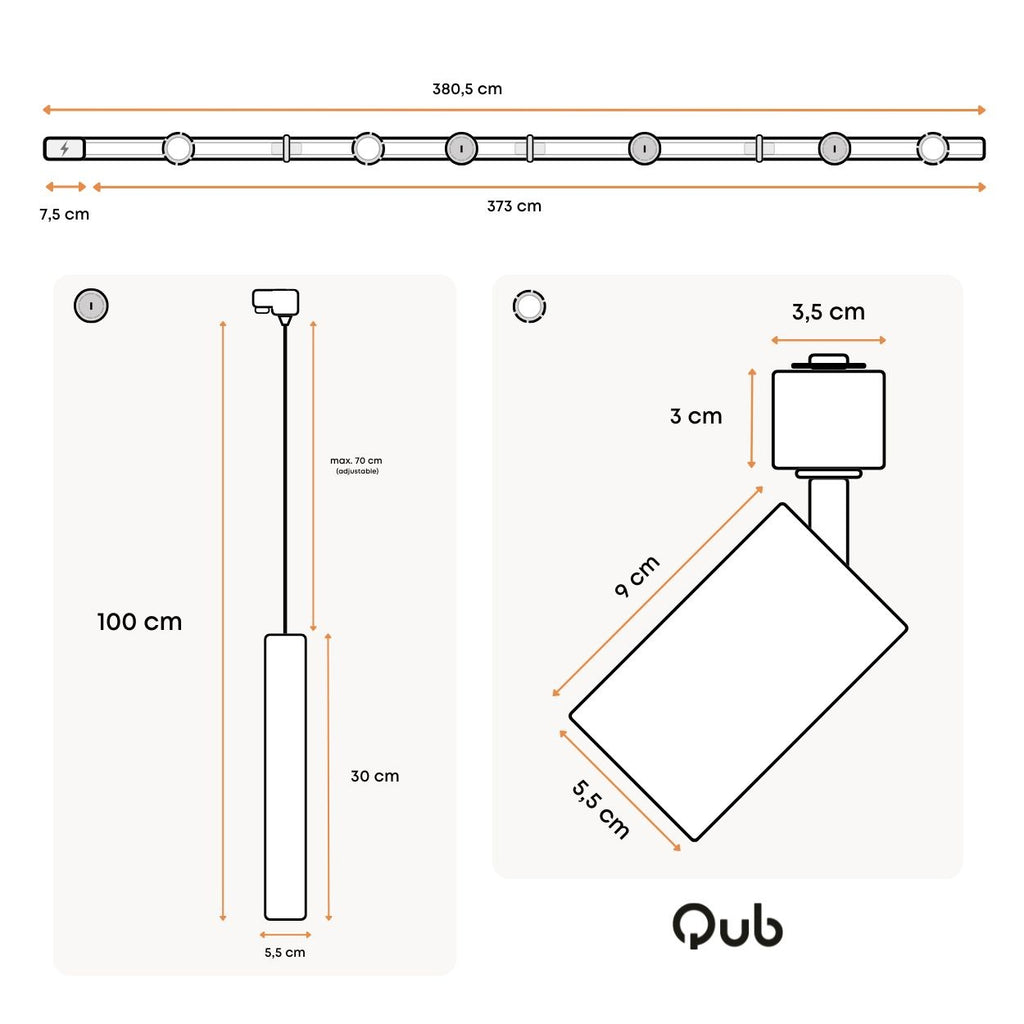 Afmetingen van zwarte 400 cm railspotlamp met drie spots