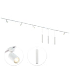 Witte railverlichting met 4 spots en 3 hanglampen aan een plafondrail