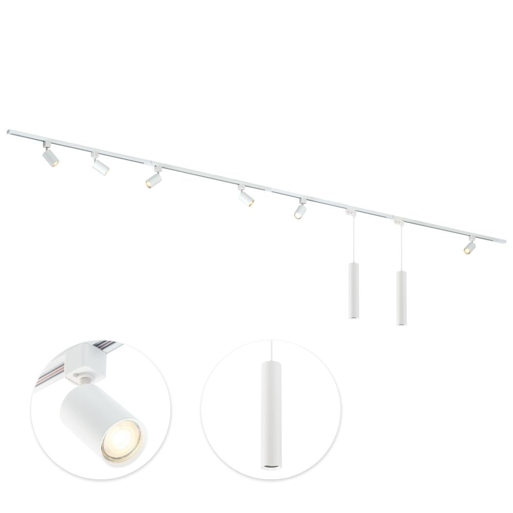 Witte railverlichting met 6 spots en twee hanglampen, GU10-fittingen zichtbaar.