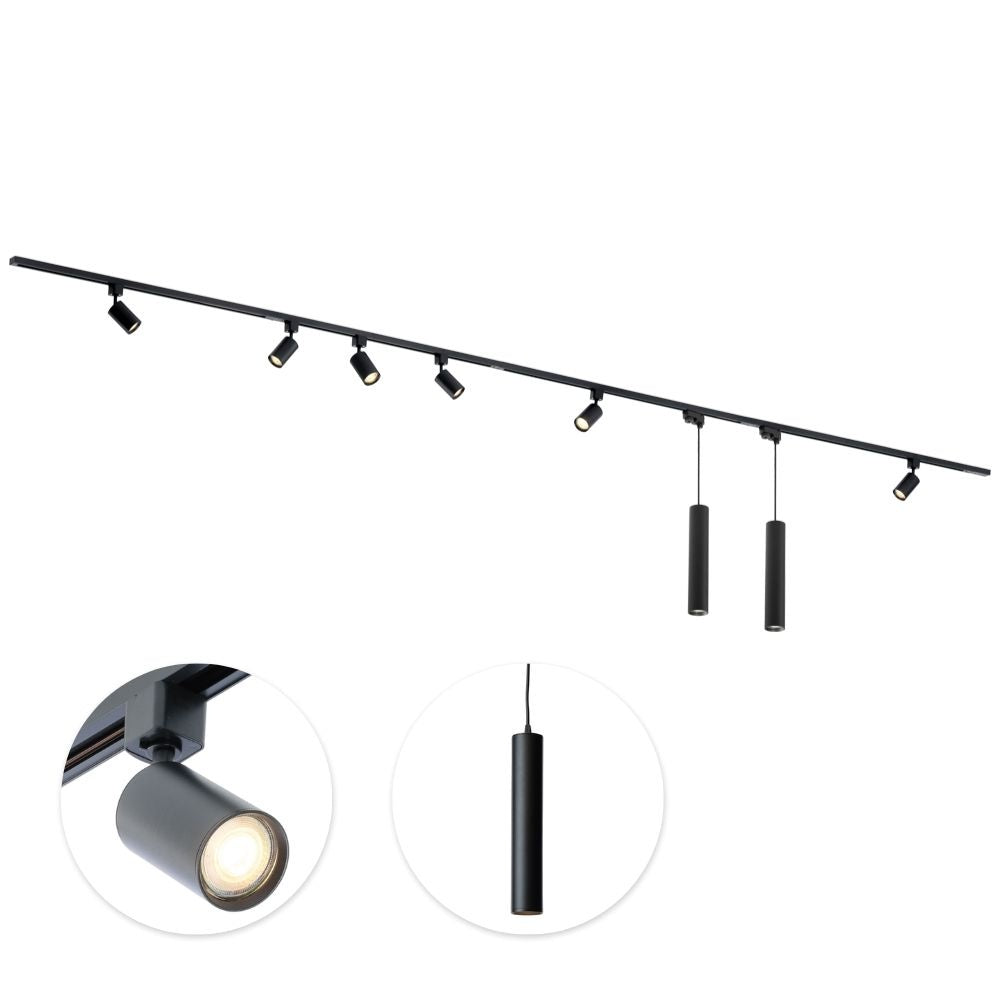 Zwarte railverlichting met 6 GU10 spots en 2 hangende cilindervormige lampjes.