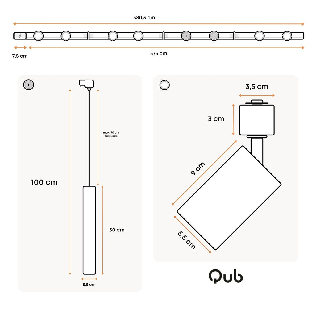 Technische tekening: Qub rail 400 cm met montageafmetingen voor spots.