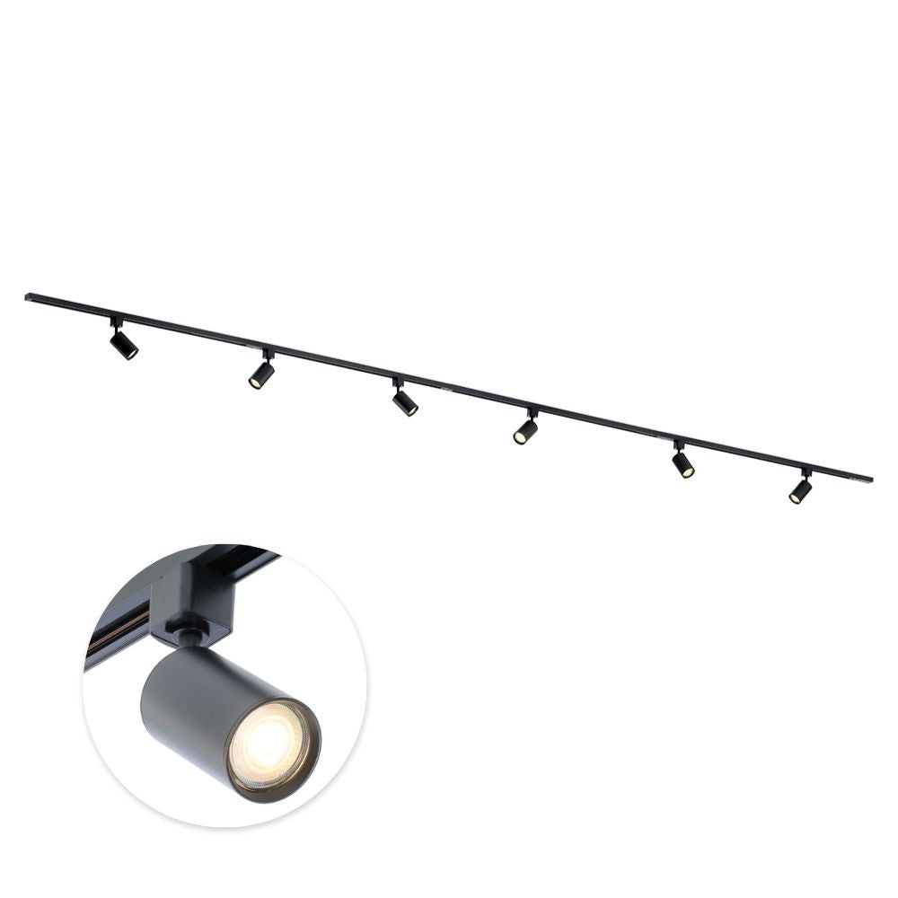 Zwarte railverlichting met één GU10 spotkop, cilindrische zwarte behuizing