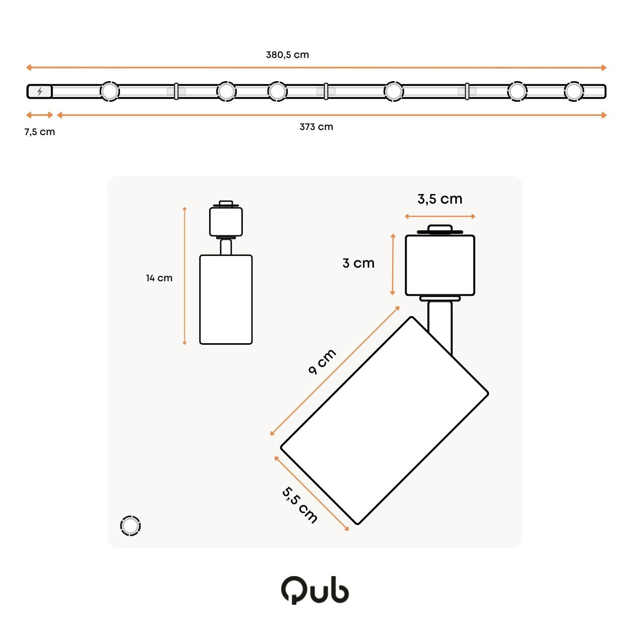 Afmetingsdiagram van plafondrailspot: lengte 380,5 cm en montagematen