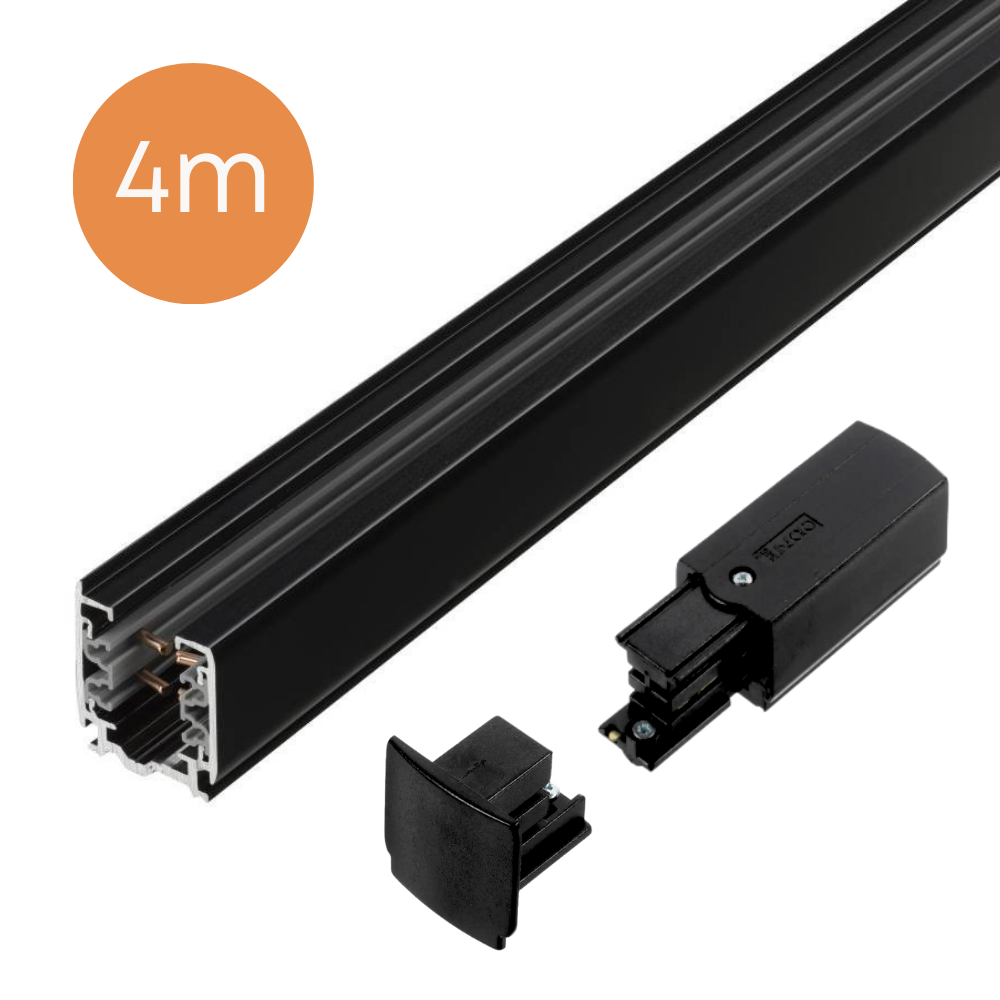 Zwarte 3-fase spanningsrail met eindvoeding en eindkap, opbouw, 4 m
