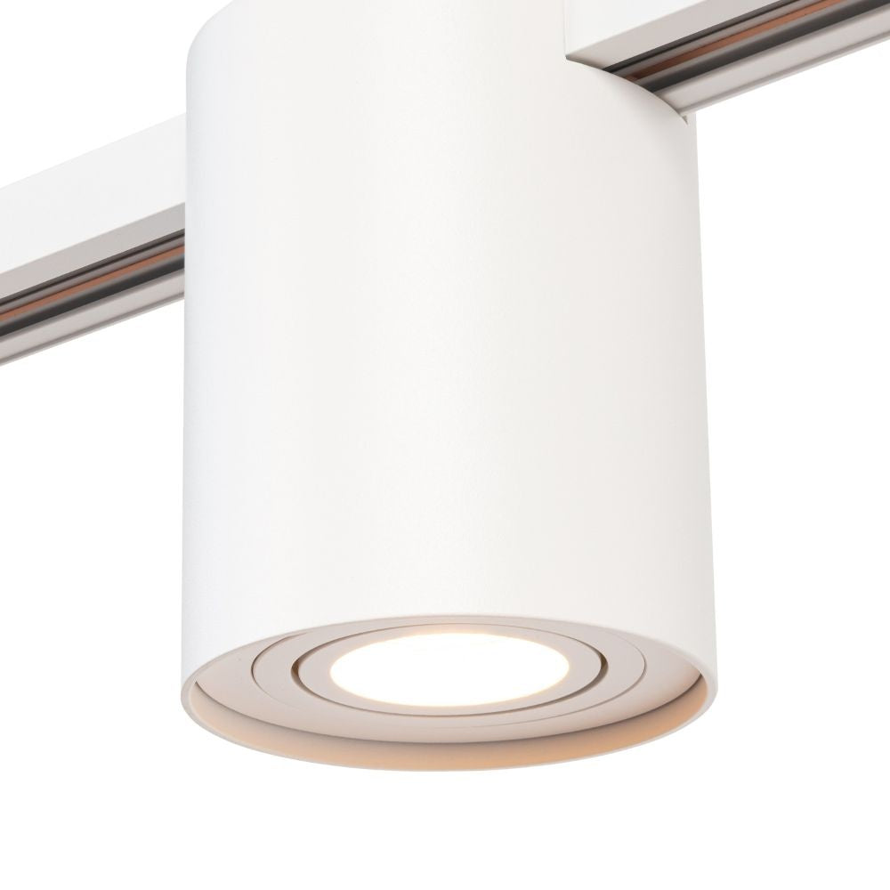 Witte GU10 railspot met cilindrische behuizing en zichtbare ronde frontring