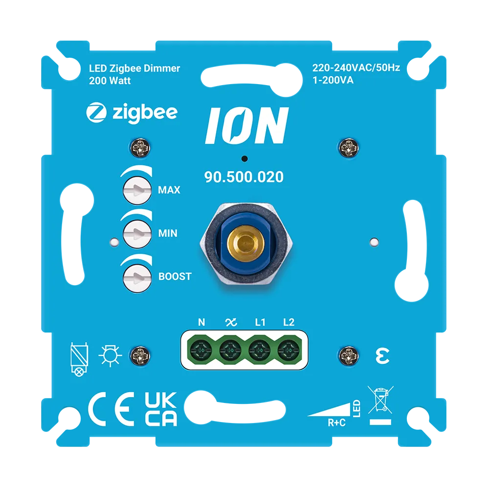 ION Zigbee-dimmer 200 W met draaiknoppen MAX/MIN/BOOST en 4-polige klemstrook