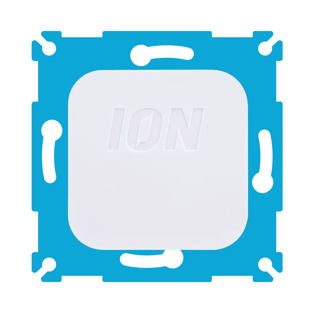 ION wifi-dimmer frontpaneel met wit frame en ION-logo op blauwe onderplaat