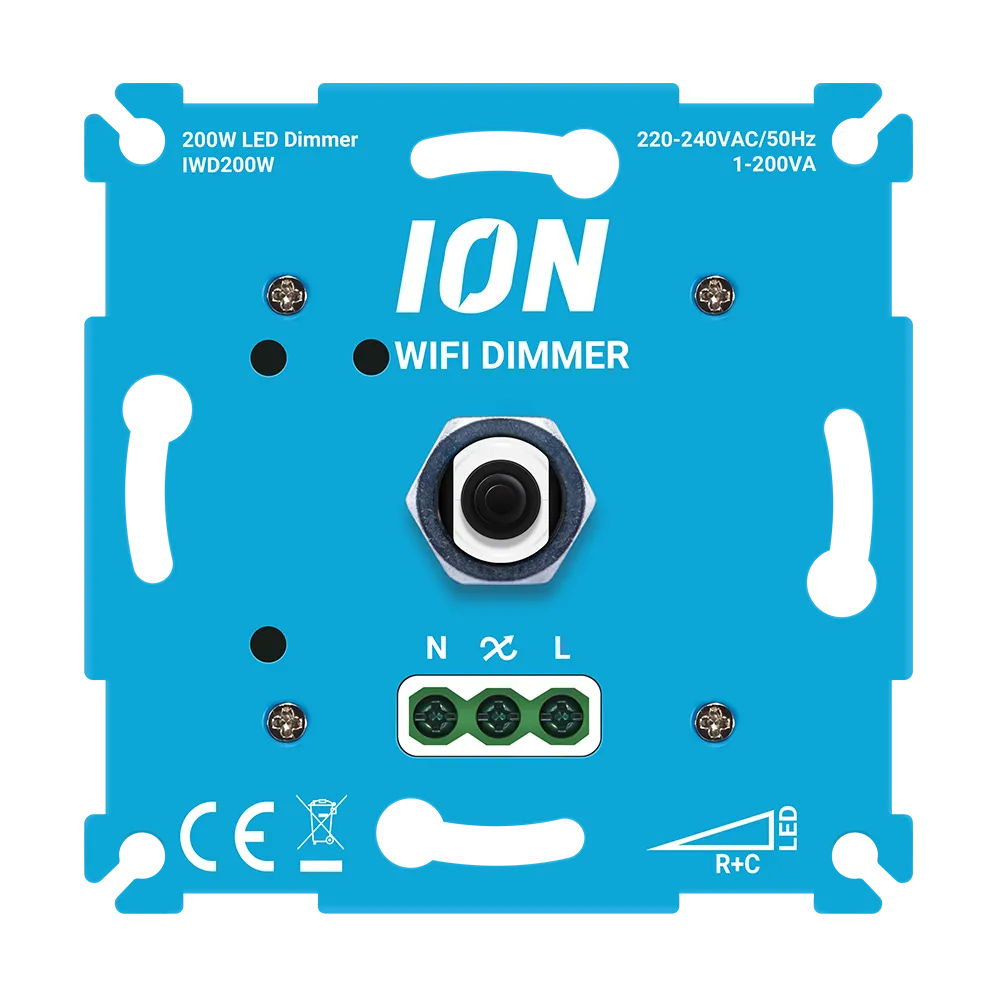 ION wifi-dimmer met centrale knop en drie aansluitklemmen op blauw paneel