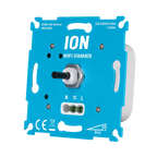 ION wifi-dimmer met draaiknop, aansluitvak en N/X/L markeringen op blauw module