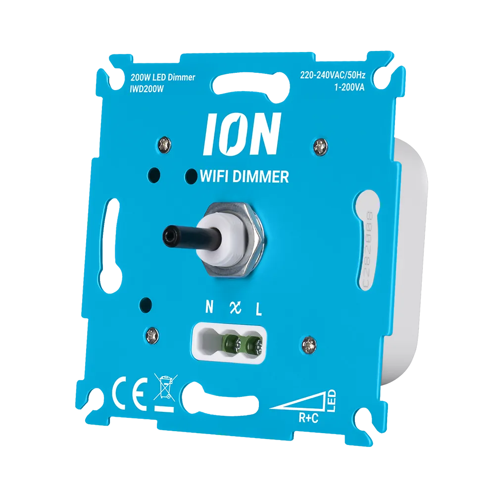 ION wifi-dimmer met draaiknop, aansluitvak en N/X/L markeringen op blauw module