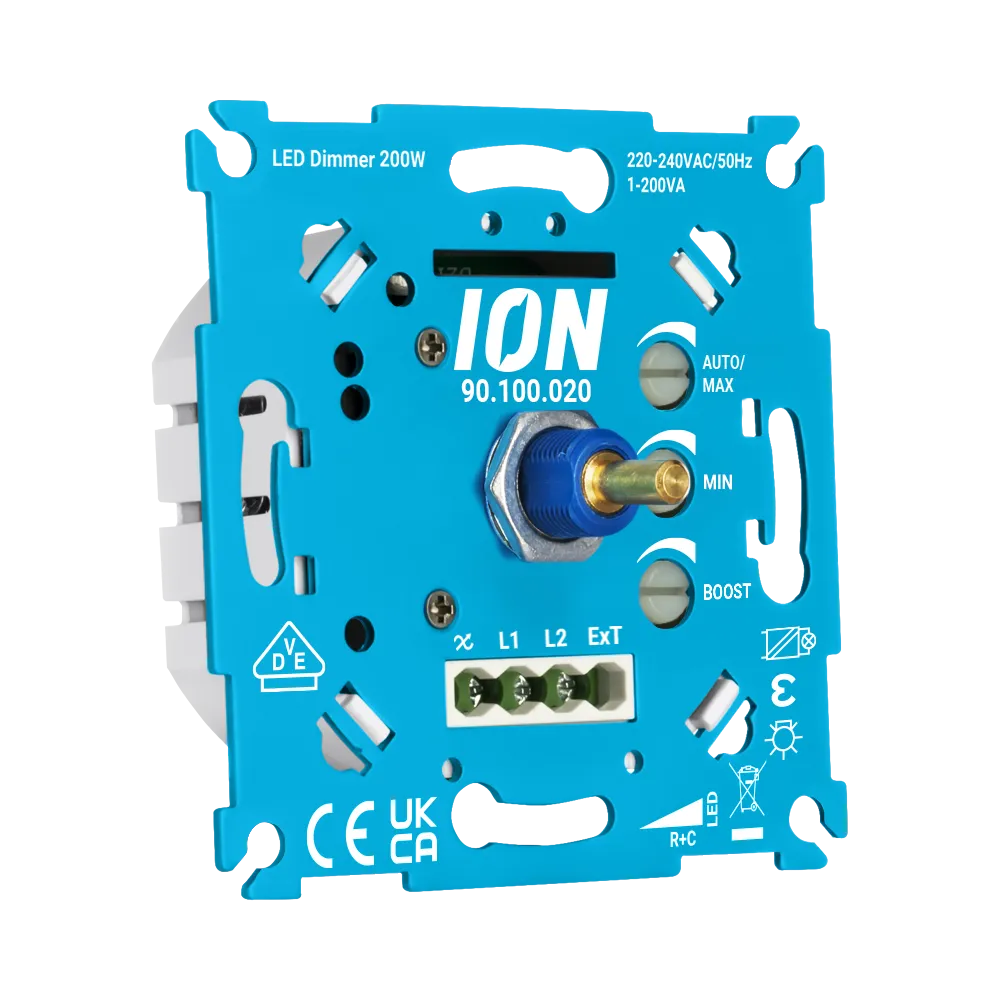 Blauwe LED-dimmermodule met instelknop en aansluitklemmen